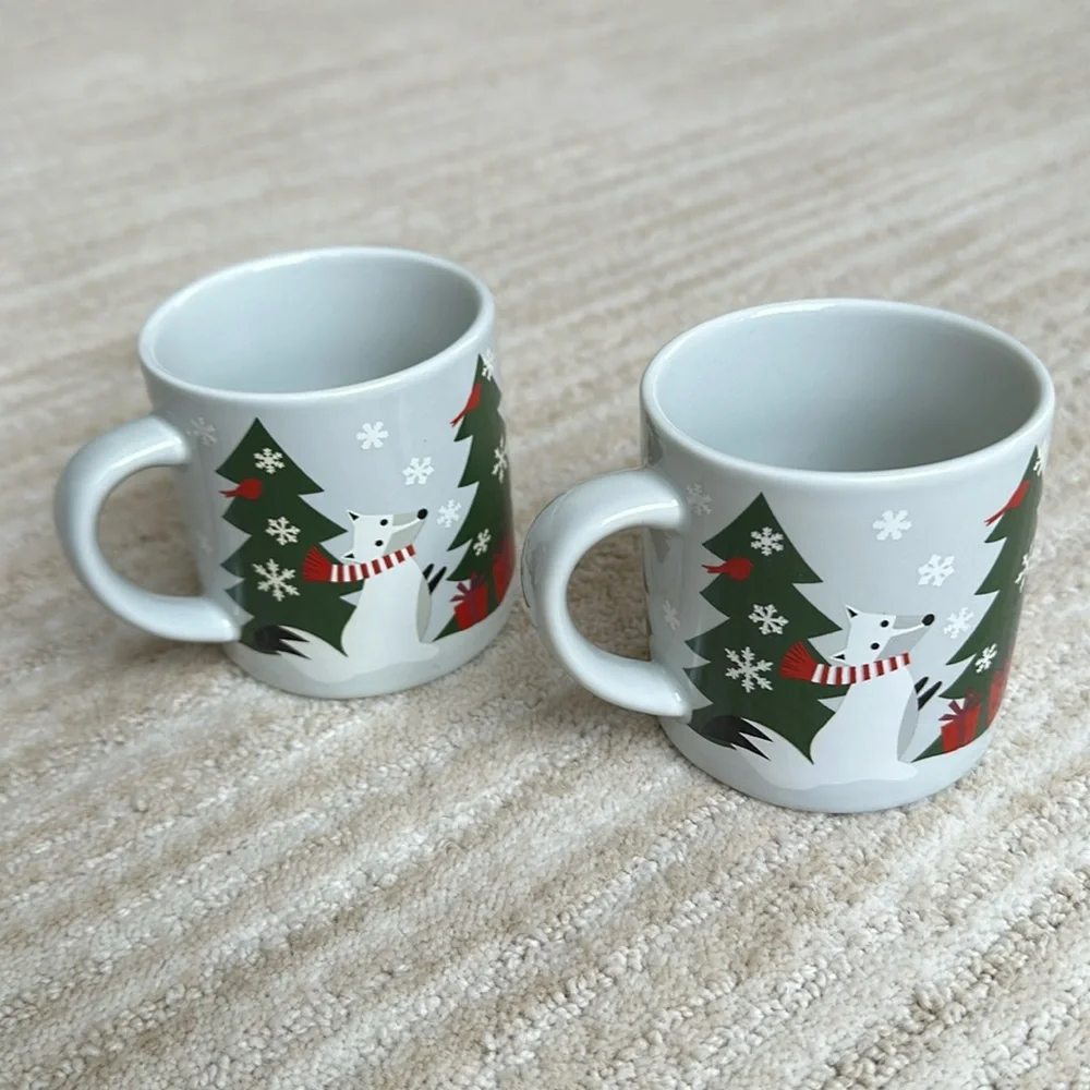 2 Crate & Barrel-Joan Anderson-Jolly Trio Child's Mug Christmas Trees/Rabbit/Fox